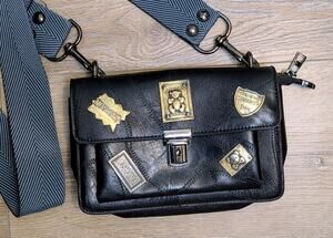 Moshineno Crossbody Bag Black Moto Patchwork Metal Badge Wide Strap Moshoinot